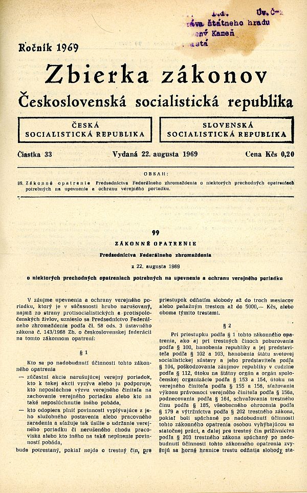 Obrázok Zbierka zákonov ČSSR vydaná 22.8.1969 strana 1